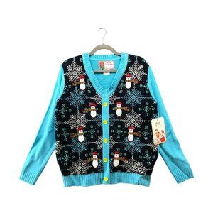 NWT Merry Christmas Ugly Christmas Sweater Unisex M Blue V Neck Cardigan Grandma